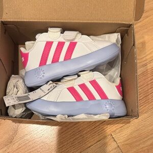 Adidas Baby Walkers - White and Pink with Light Blue Soles